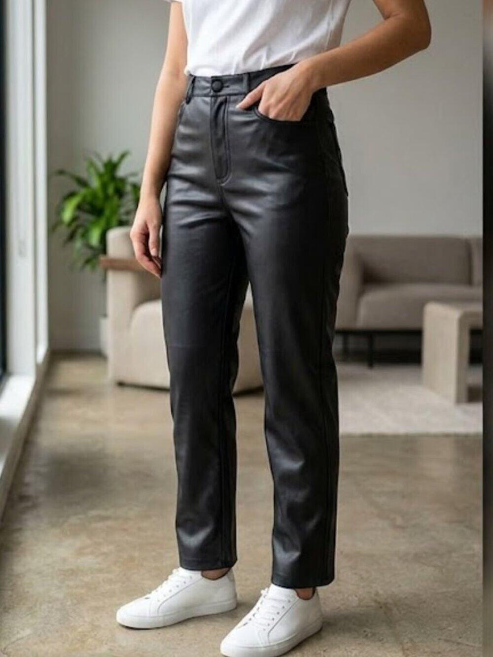 H&M Black Faux Leather Straight Leg Pants Size 4 High Rise Minimalist